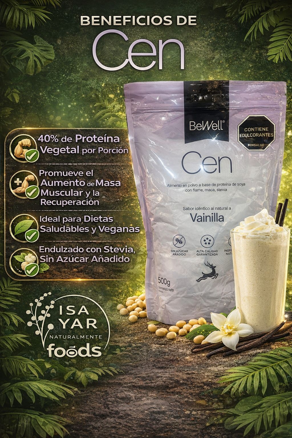 BeWell Cen 500g - Proteína Vegetal de Soya 40% | Vainilla | Sin Azúcar | Ideal para Dietas Veganas