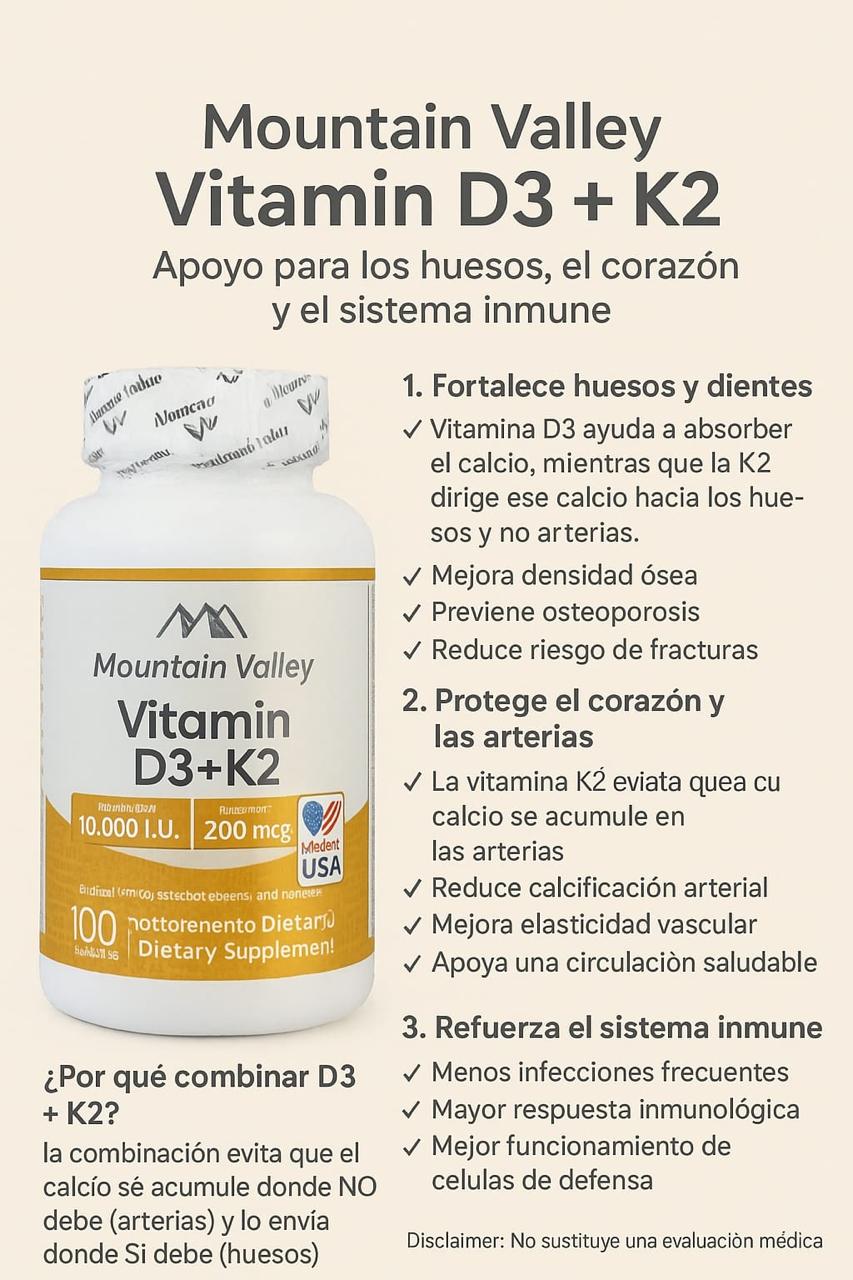 Mountain Valley Vitamin D3+K2 10,000 IU + 200mcg — 100 Cápsulas