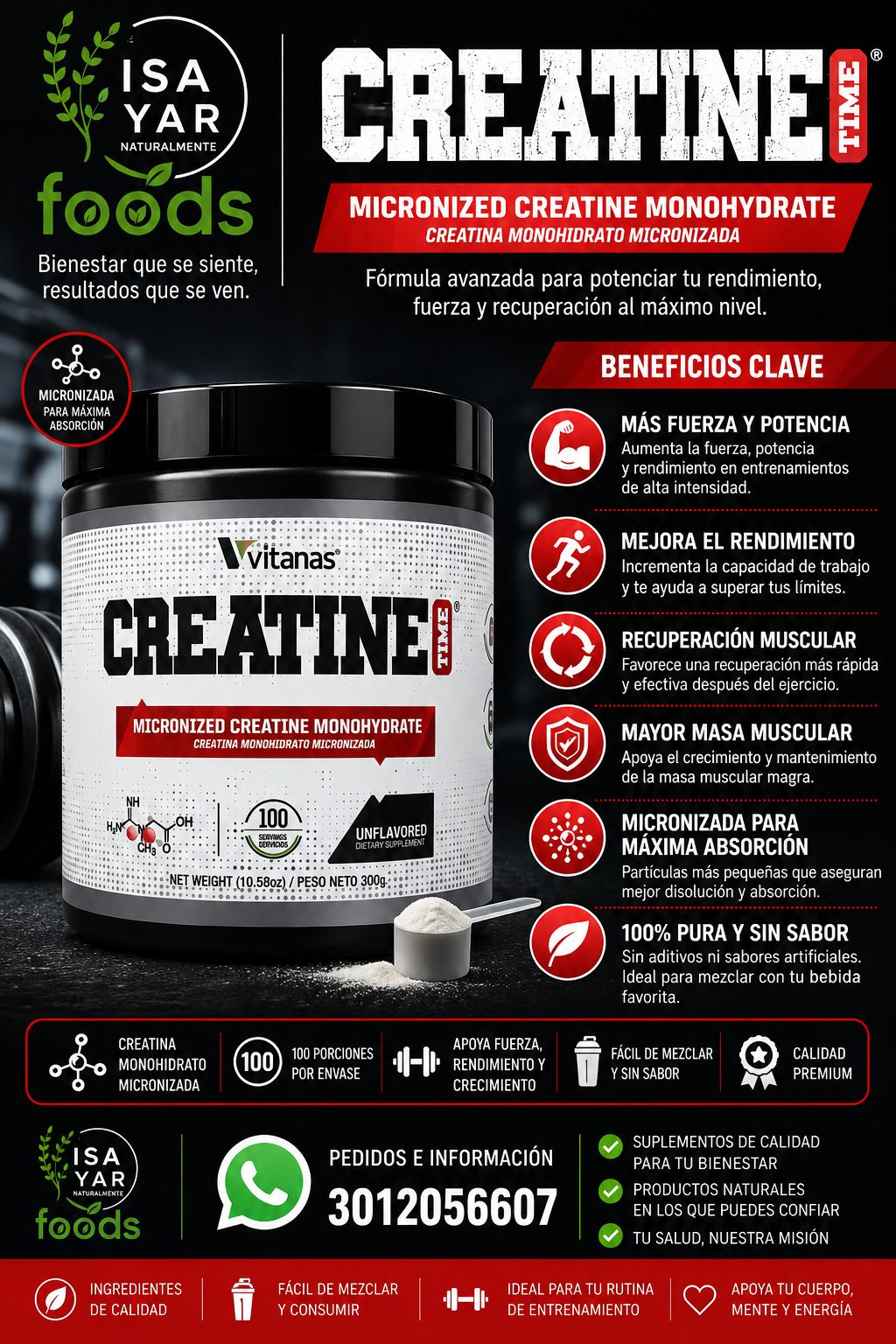 Vitanas Creatine Time Micronized Monohydrate 300g 100 Porciones