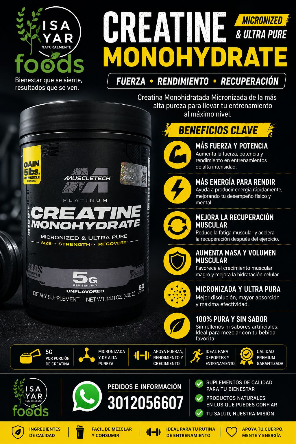 MuscleTech Platinum Creatine Monohydrate Micronized Ultra Pure 400g 80 Porciones