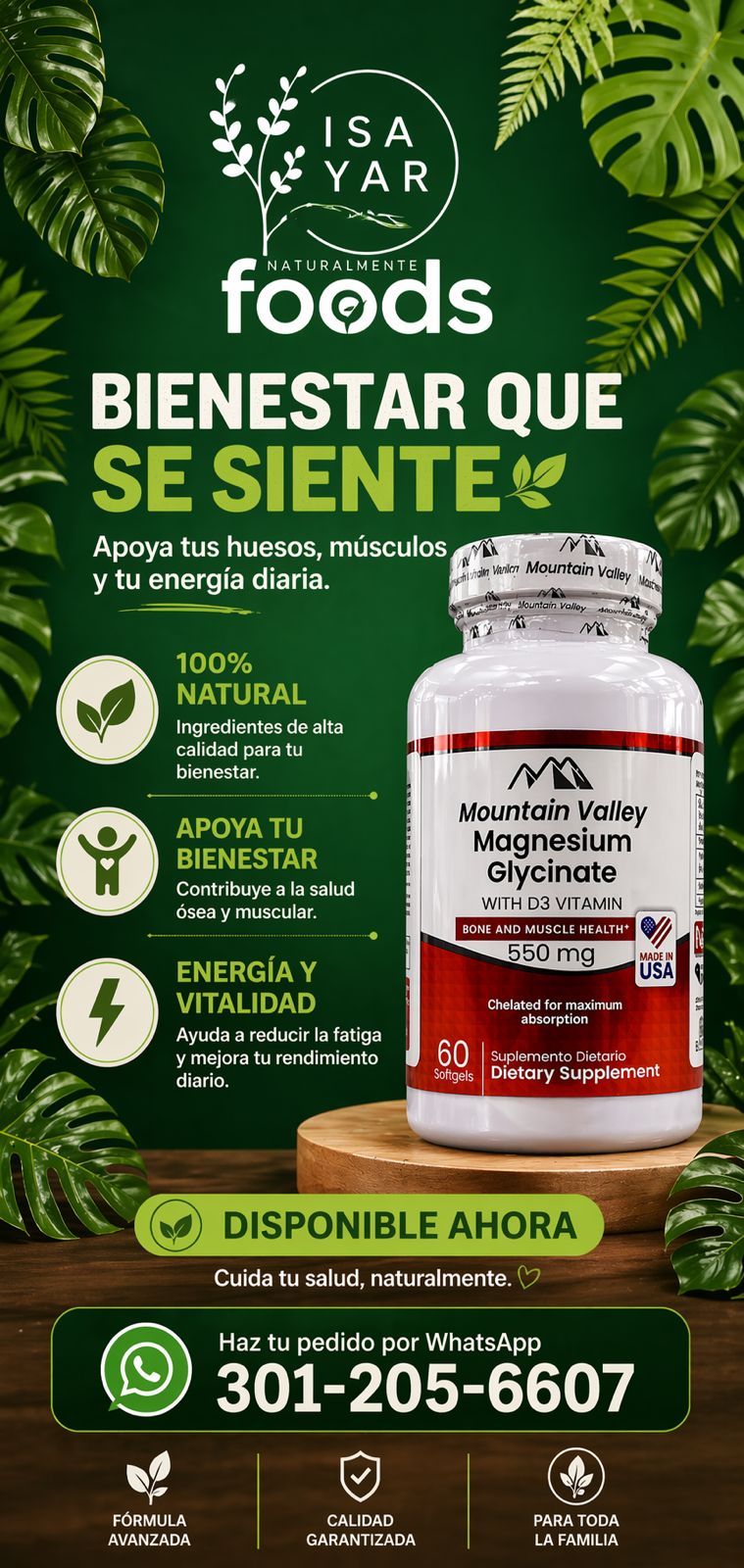 Mountain Valley Magnesium Glycinate con Vitamina D3 — 550mg
