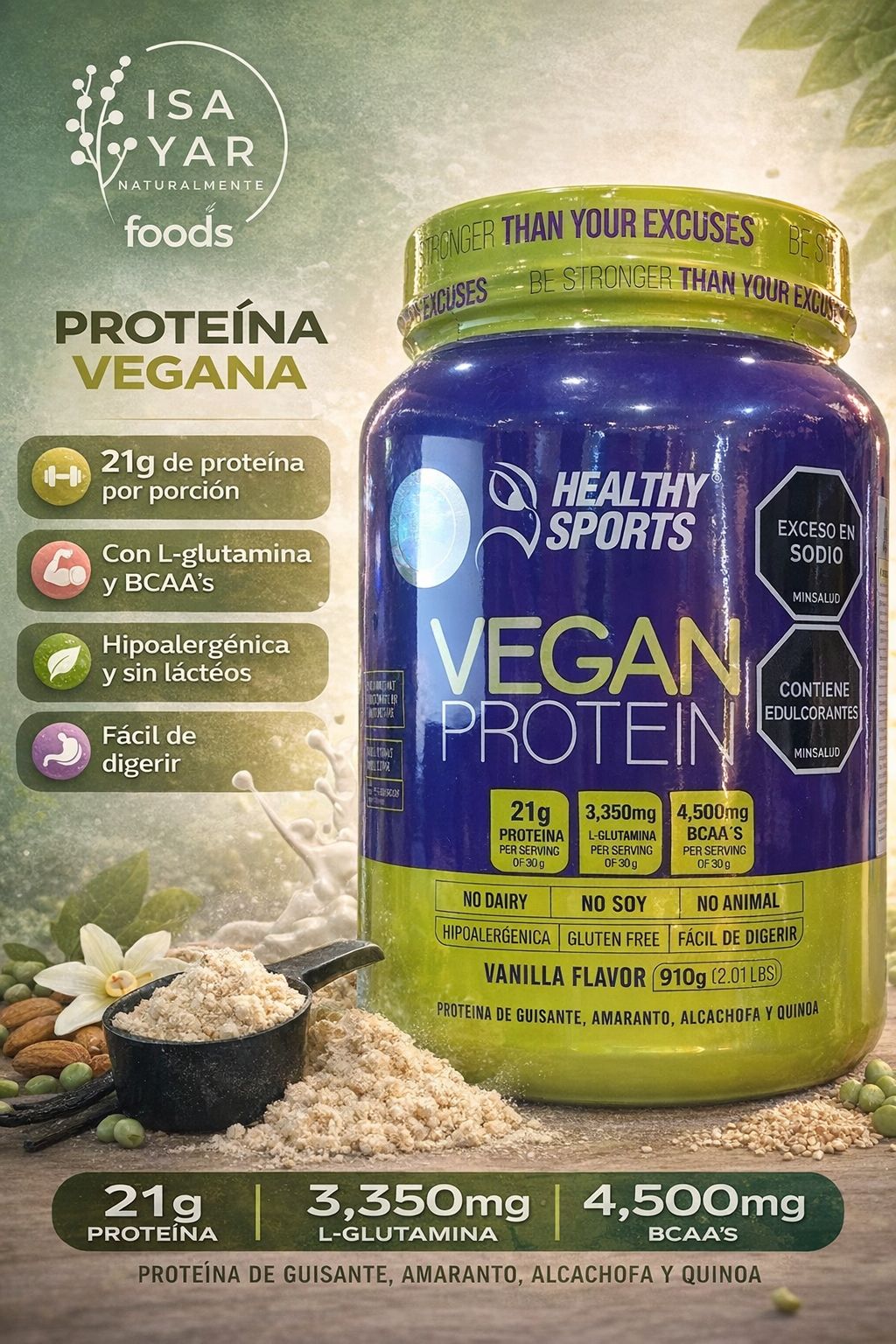 Healthy Sports Vegan Protein 910g - Vanilla Flavor | 21g Proteína | Guisante, Amaranto, Alcachofa y Quinoa
