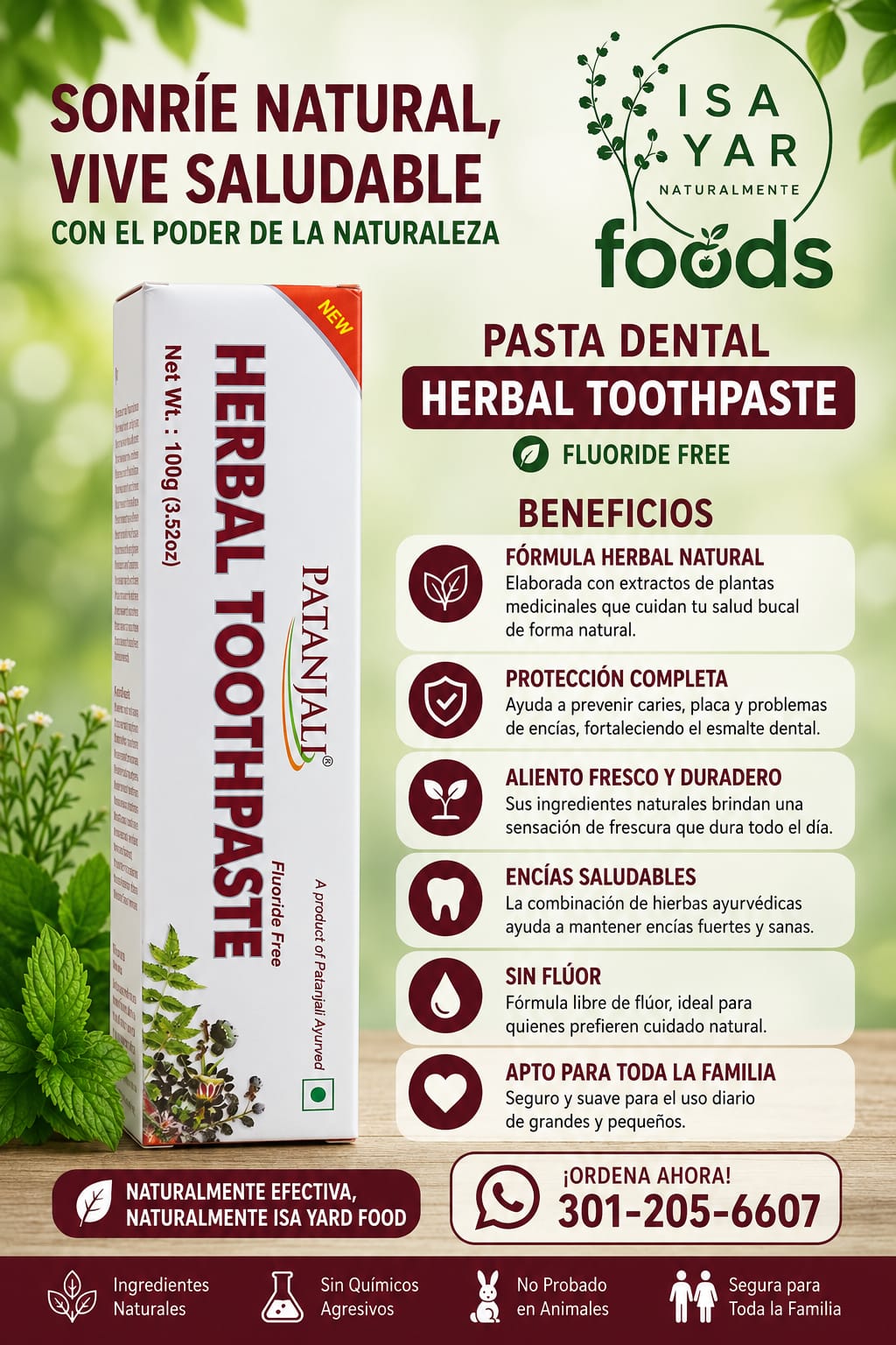 Pasta Dental Herbal Toothpaste Sin Flúor Patanjali 100g