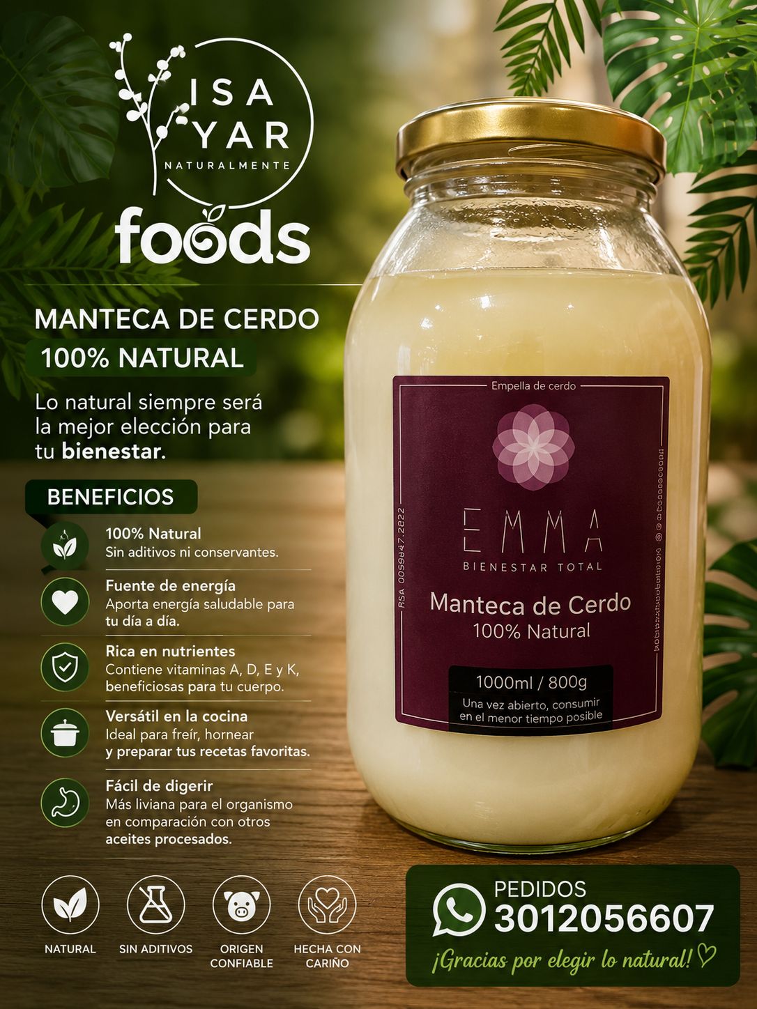 Manteca de Cerdo 100% Natural - Empella de Cerdo 1000ml / 800g Emma