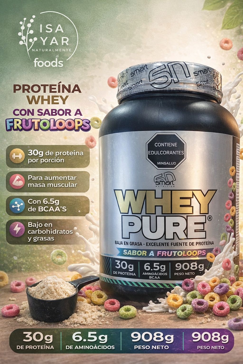 Smart Nutrition Whey Pure 908g - Sabor FrutoLoops | 30g Proteína | Bajo en Grasa y Carbohidratos