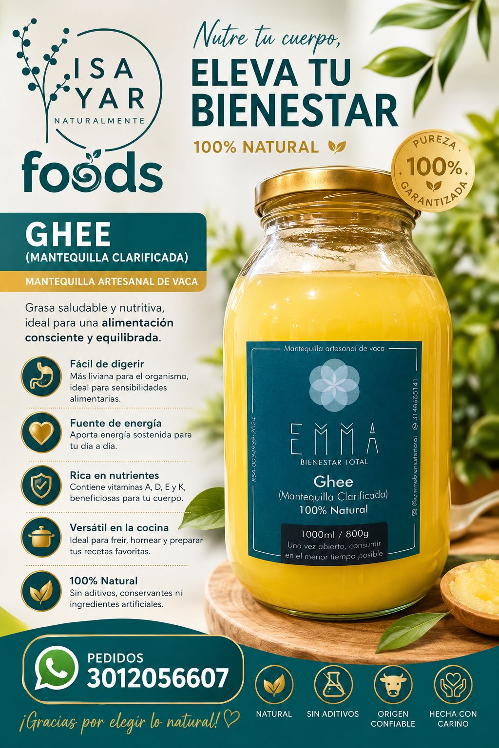 GHEE - Mantequilla Clarificada 100% Natural 1000ml / 800g Emma