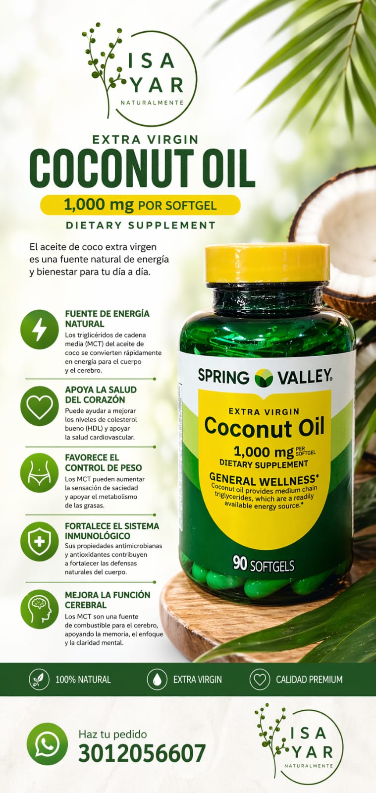 Spring Valley Aceite de Coco Extra Virgen 1,000mg 90 Softgels