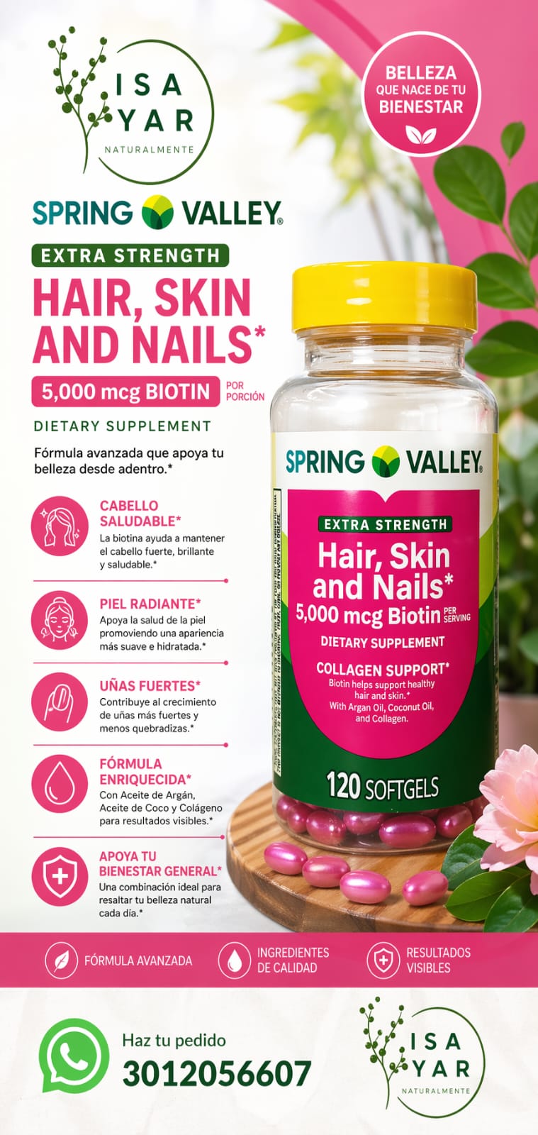 Spring Valley Hair, Skin and Nails Extra Strength Biotina 5000mcg 120 Softgels