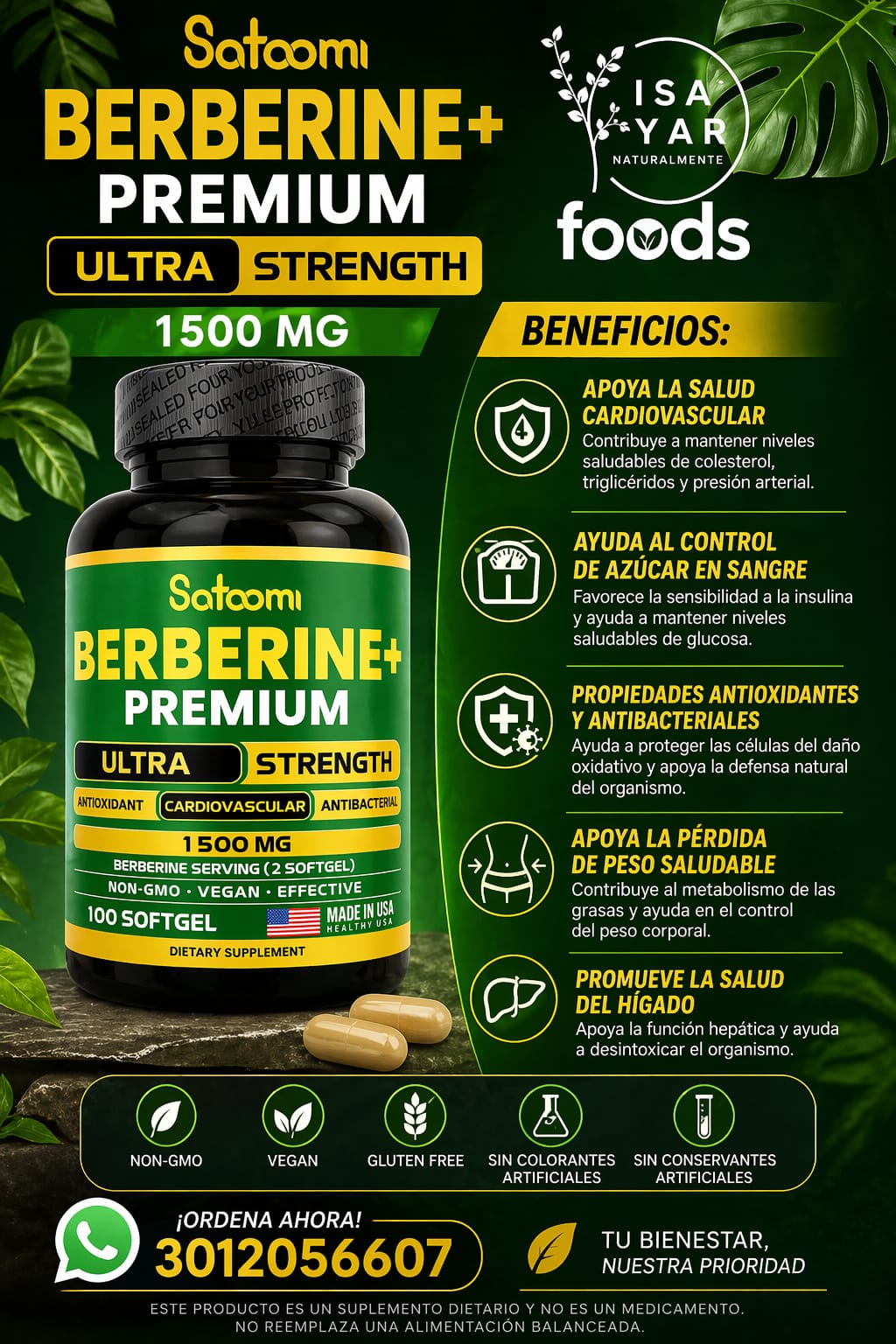 Satoomi Berberine+ Premium Ultra Strength 1500mg — 100 Softgels