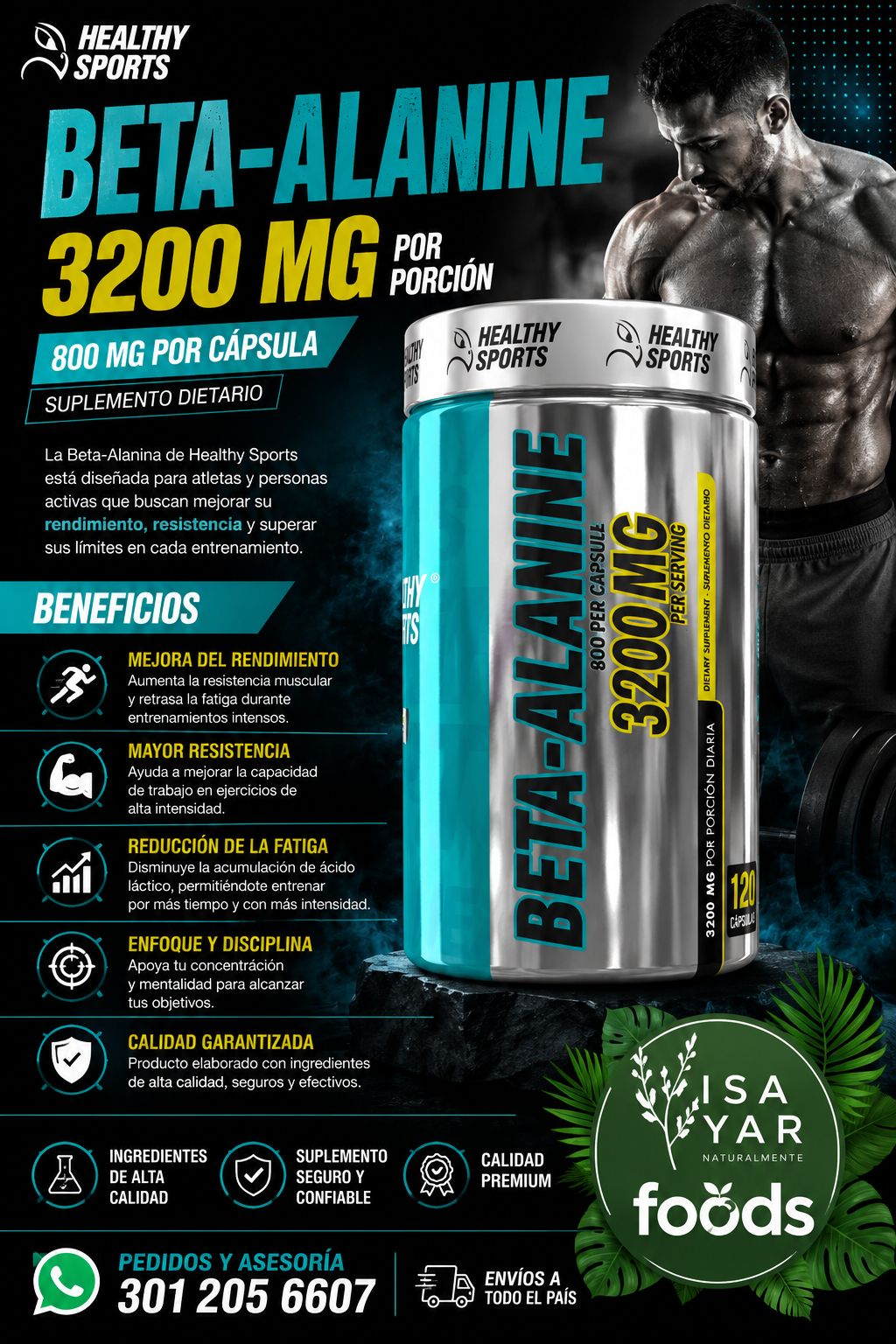 Beta-Alanine 3200mg Healthy Sports Suplemento Deportivo 120 Cápsulas