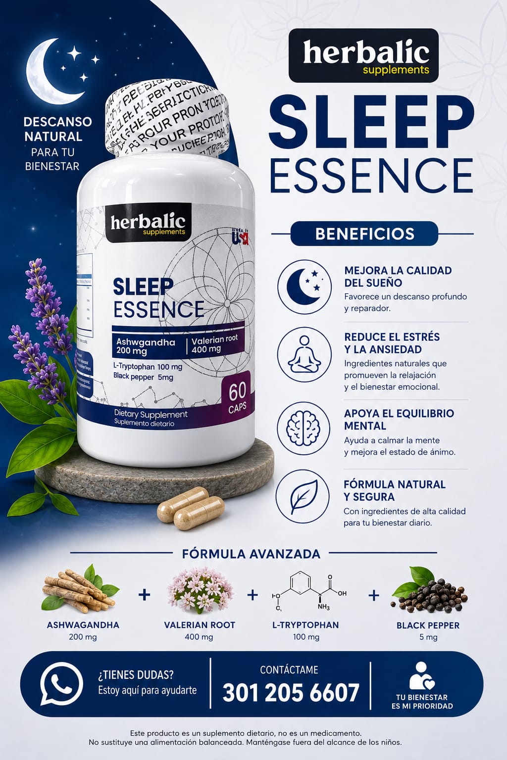 Herbalic Sleep Essence Ashwagandha + Valeriana + L-Tryptophan Descanso Natural 60 Cápsulas
