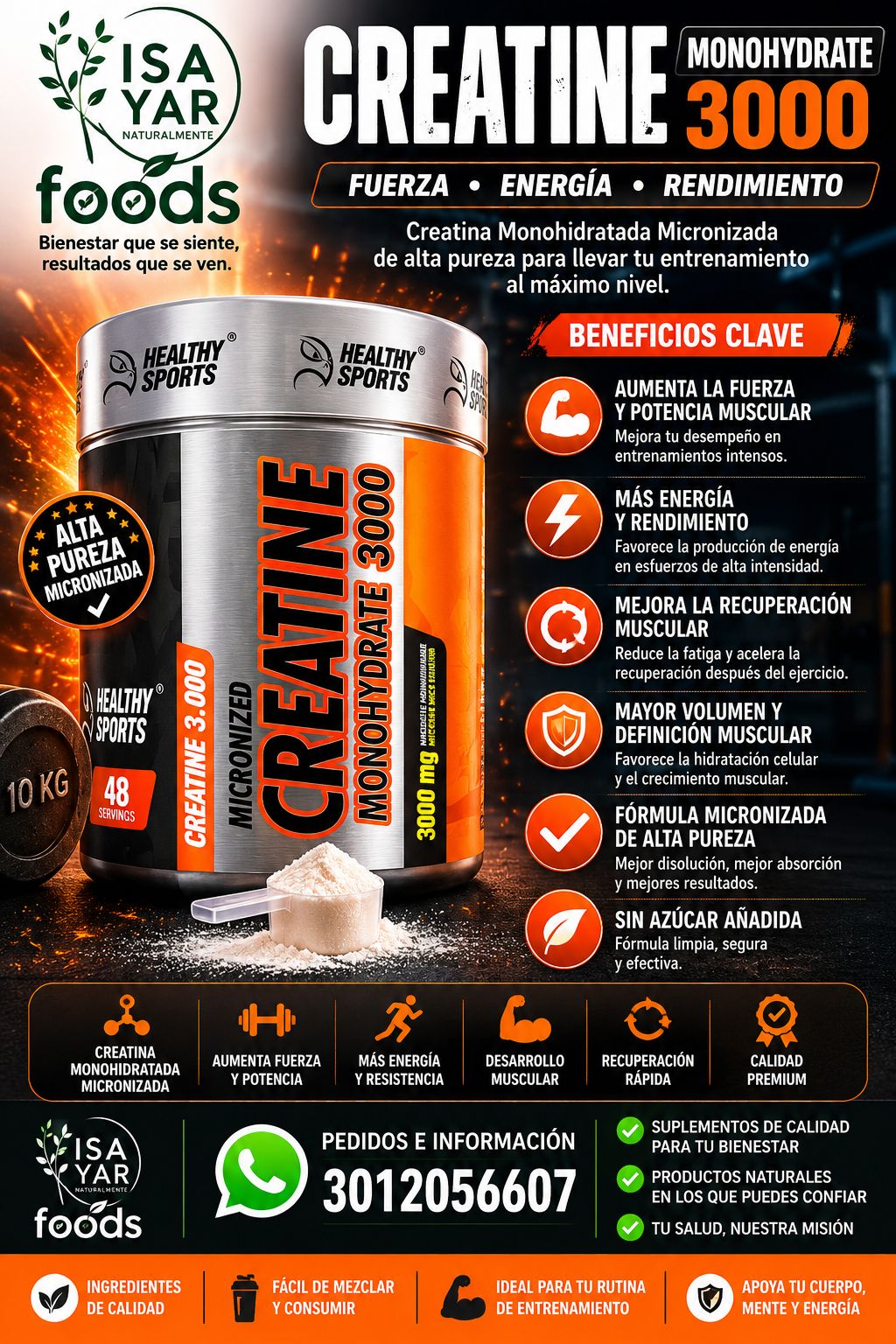 Healthy Sports Creatine Monohydrate 3000 Micronizada 48 Servicios