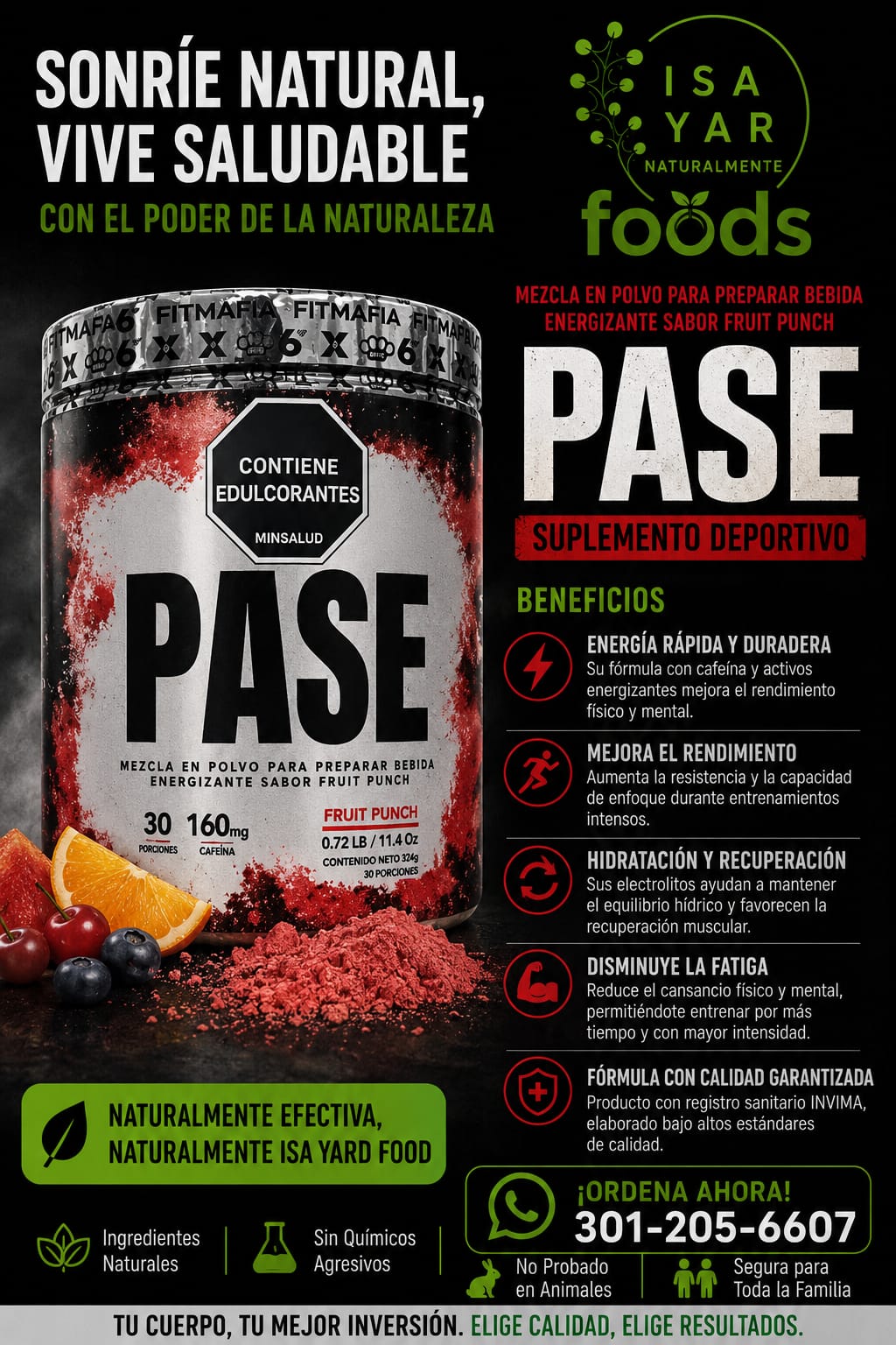 Fitmafia PASE Pre-Entreno Energizante Fruit Punch 324g 30 Porciones