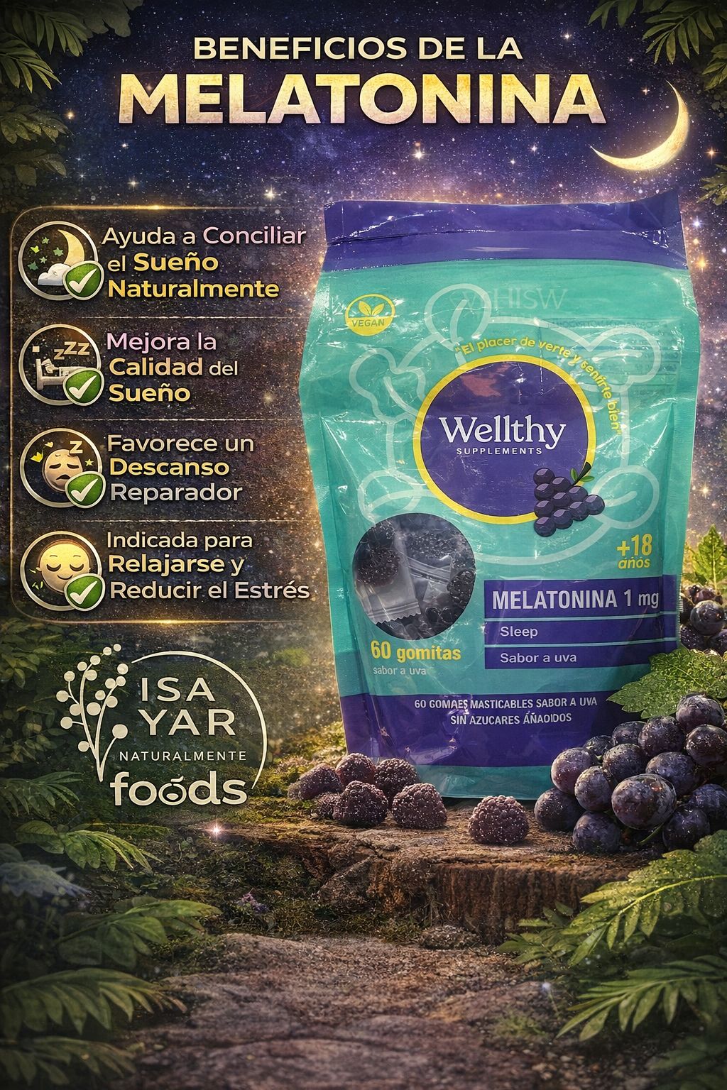 Wellthy Melatonina 1mg - 60 Gomitas Sabor Uva | Sueño Natural | Sin Azúcar | Vegano