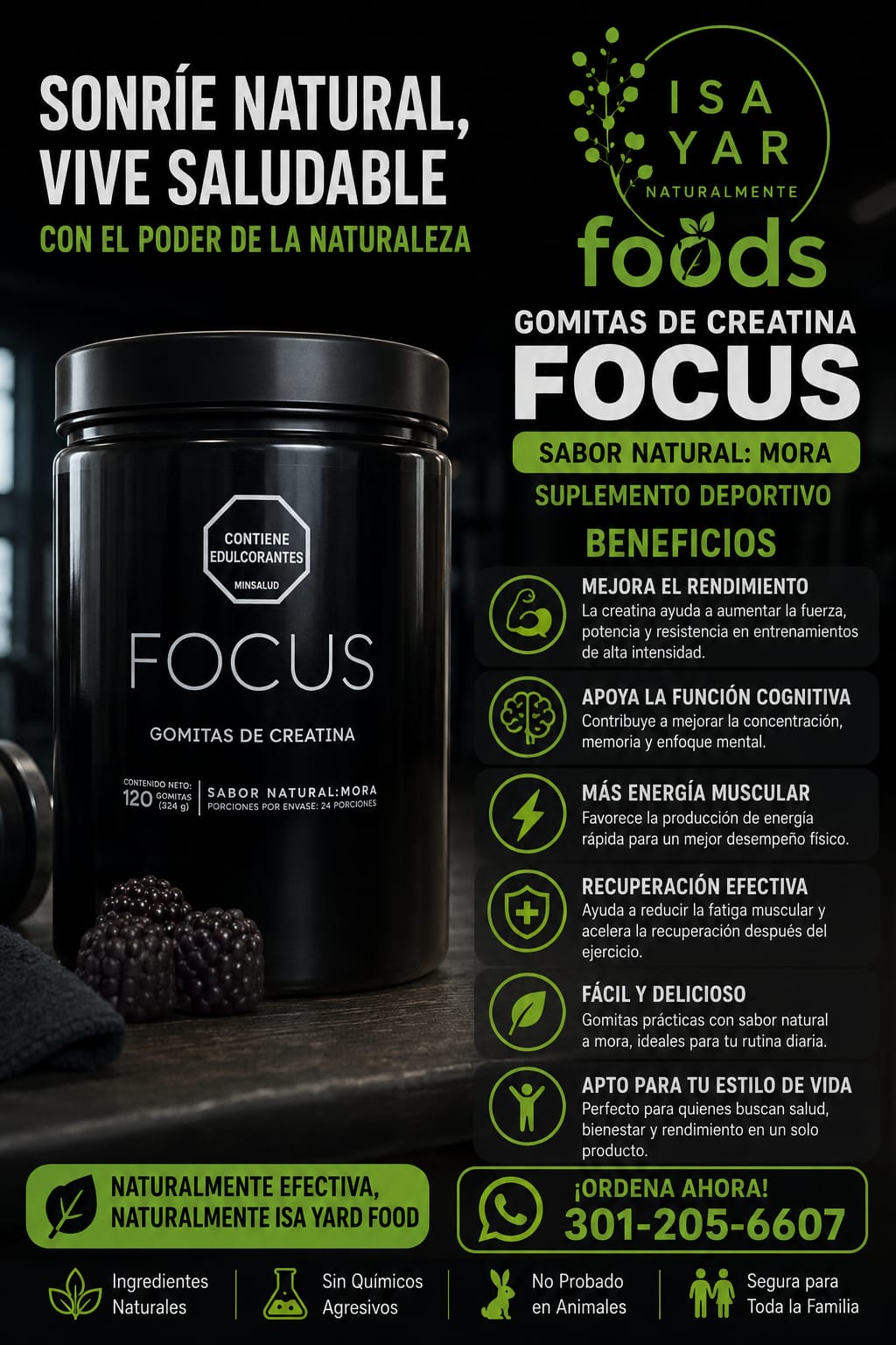 Focus Gomitas de Creatina Sabor Natural Mora 120 Gomitas 324g
