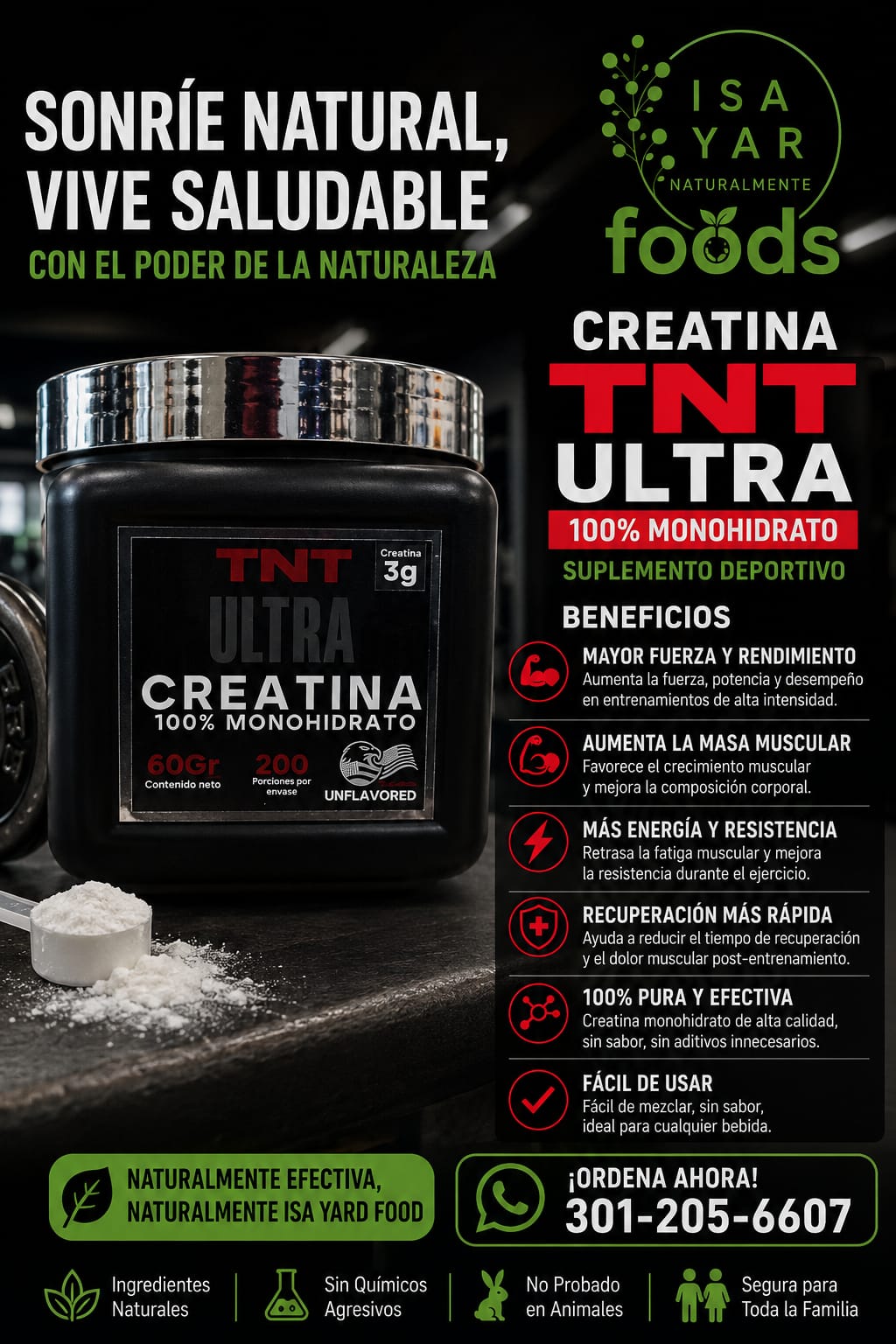 Creatina TNT Ultra 100% Monohidrato 60g 200 Porciones Sin Sabor