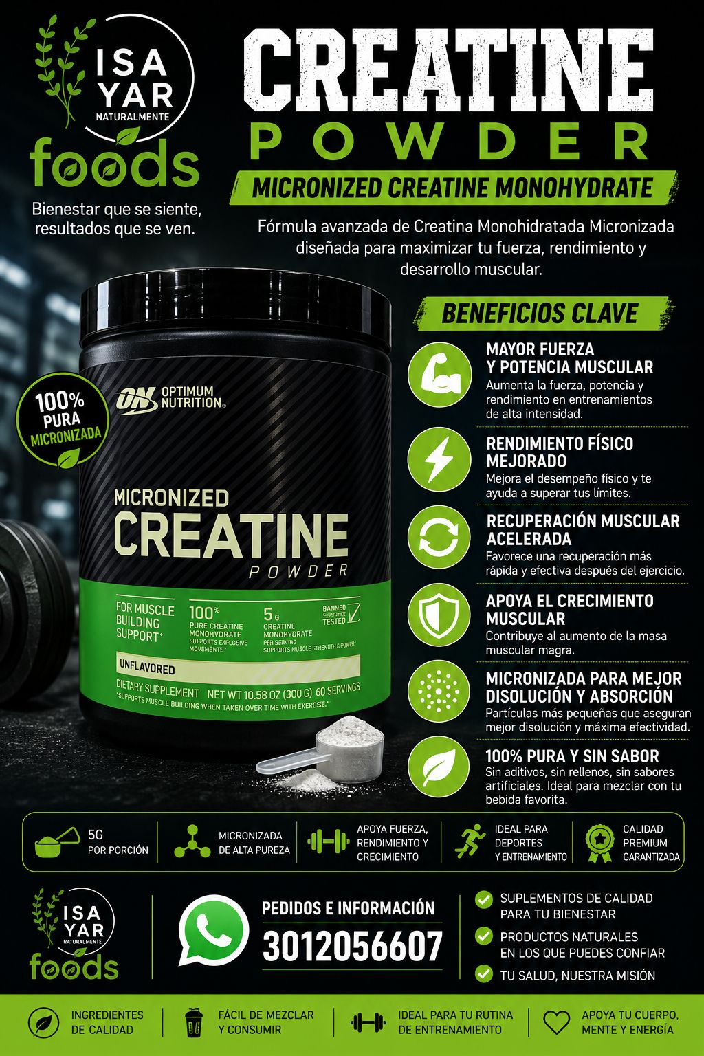 ON Optimum Nutrition Micronized Creatine Powder 100% Monohidrato 300g 60 Porciones Sin Sabor