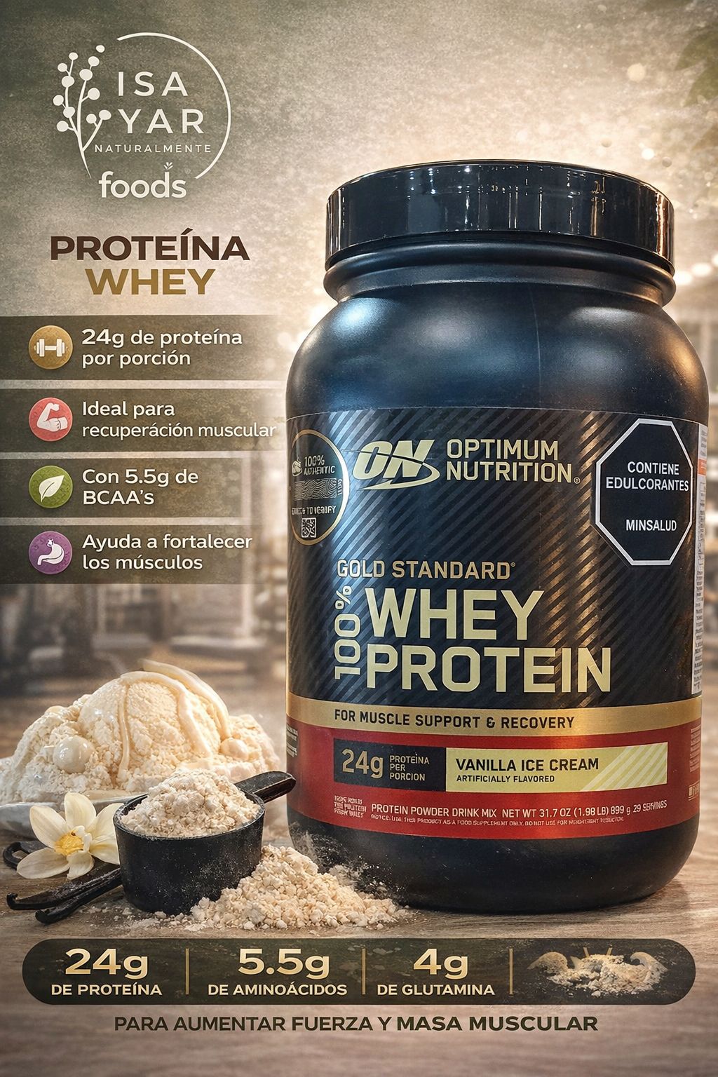 Optimum Nutrition Gold Standard 100% Whey Protein 899g - Vanilla Ice Cream | 29 Porciones