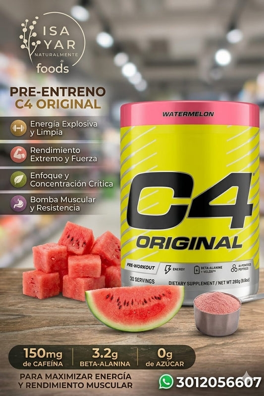 C4 Original Pre-Workout 288g - Sabor Sandía | 150mg Cafeína | 3.2g Beta-Alanina | 30 Porciones | 0g Azúcar