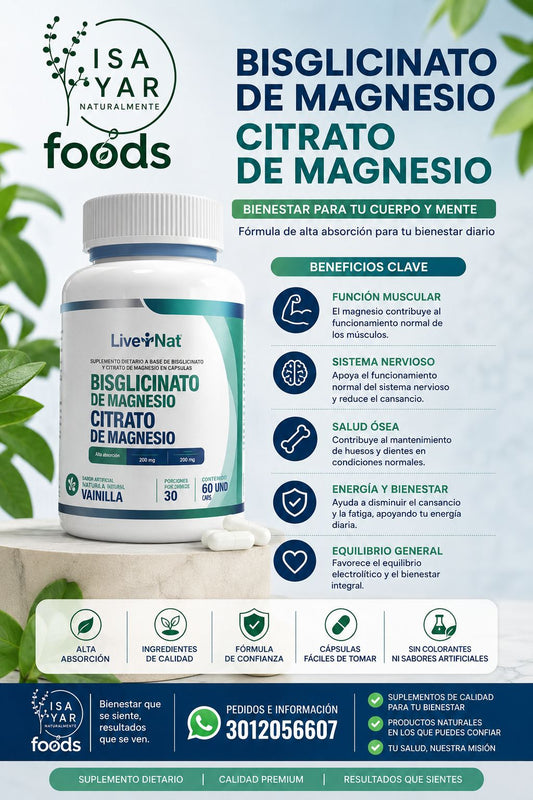 LiverNat Bisglicinato de Magnesio + Citrato de Magnesio — 60 Cápsulas