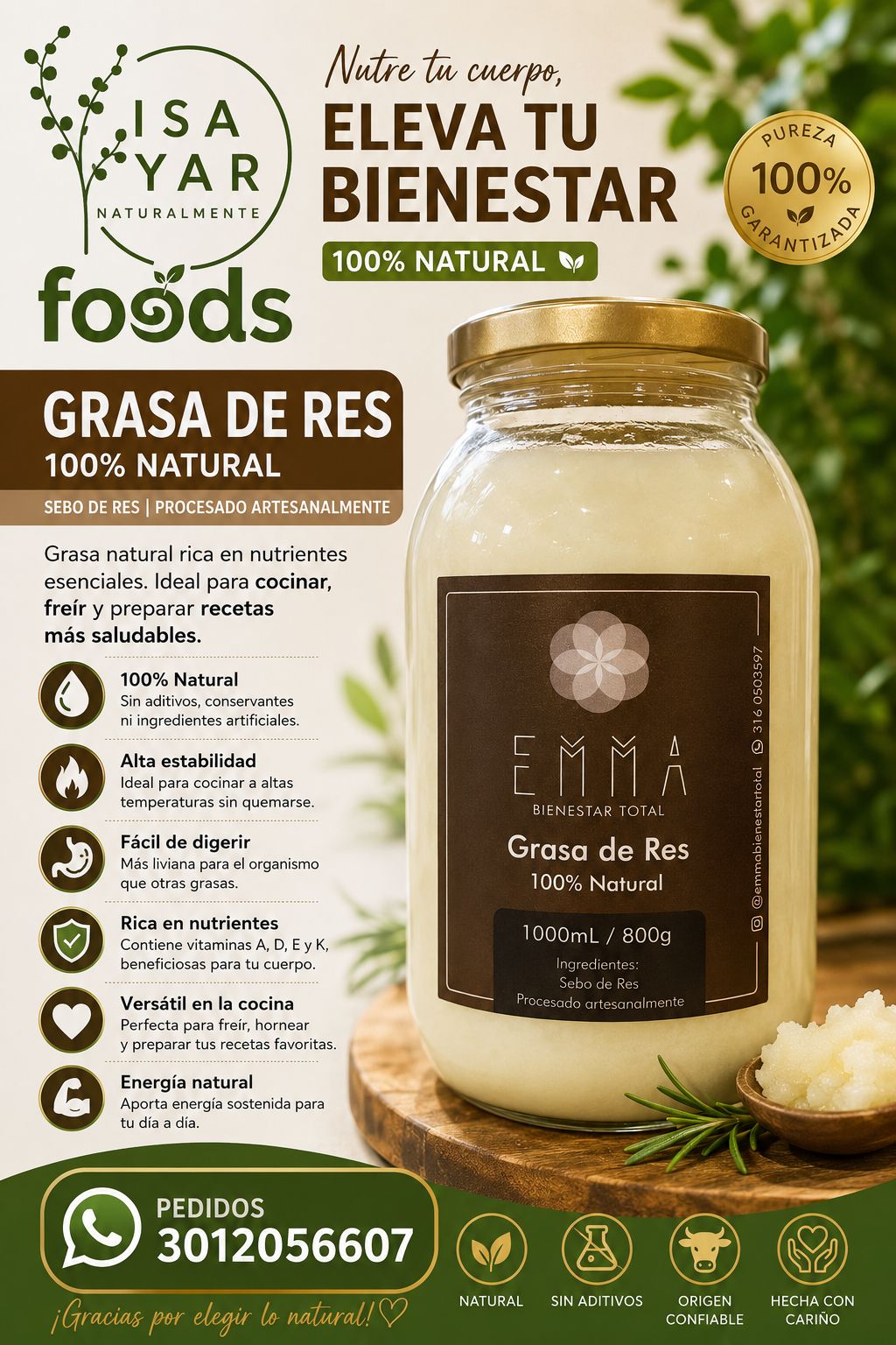 Grasa de Res 100% Natural - Sebo de Res 1000ml / 800g Emma