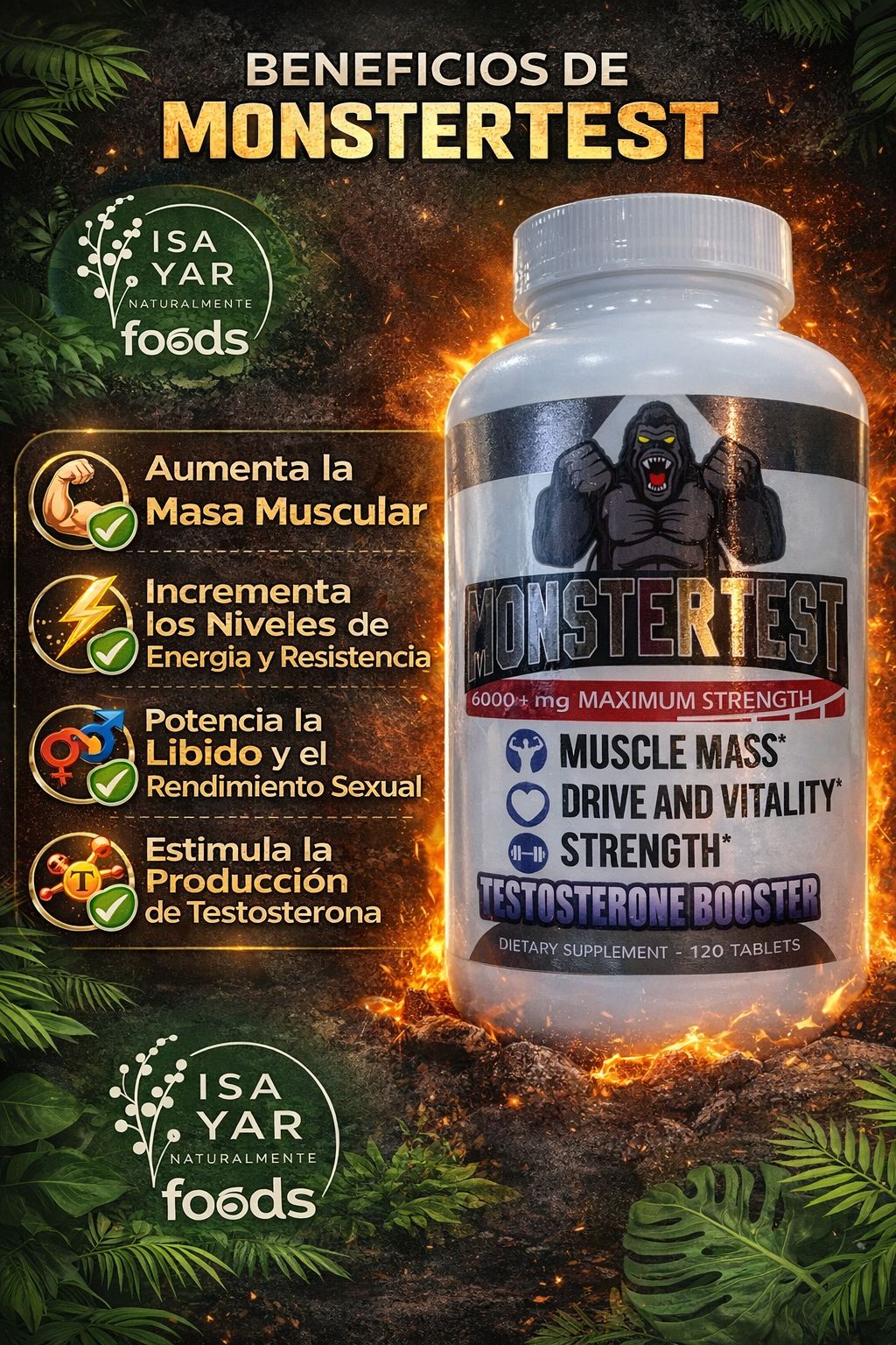 MonsterTest Testosterone Booster 6000mg - 120 Tabletas | Máxima Fuerza y Masa Muscular