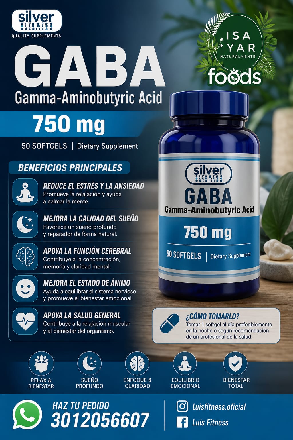 GABA 750mg - Gamma-Aminobutyric Acid 50 Softgels Silver