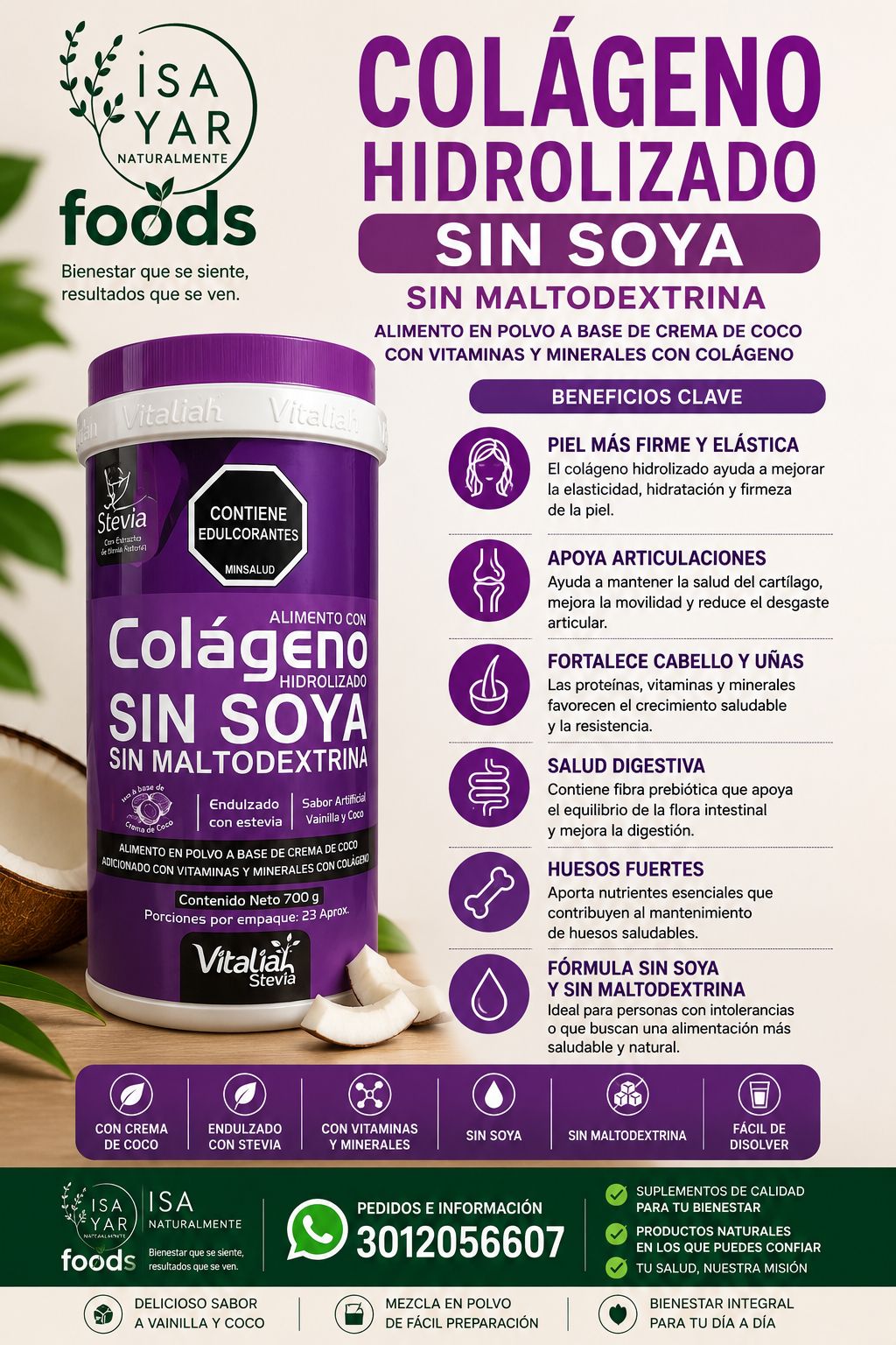 Colágeno Hidrolizado Sin Soya Sin Maltodextrina Vitaliah Stevia - Vainilla y Coco
