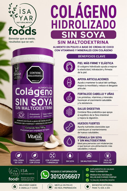 Colágeno Hidrolizado Sin Soya Sin Maltodextrina Vitaliah Stevia - Vainilla y Coco