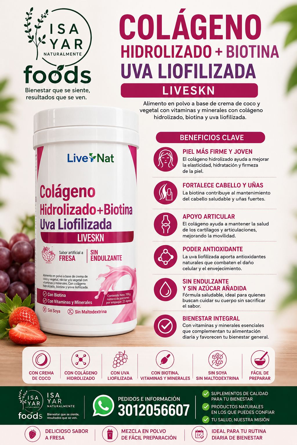 Colágeno Hidrolizado + Biotina Uva Liofilizada LiveNat - LIVESKN