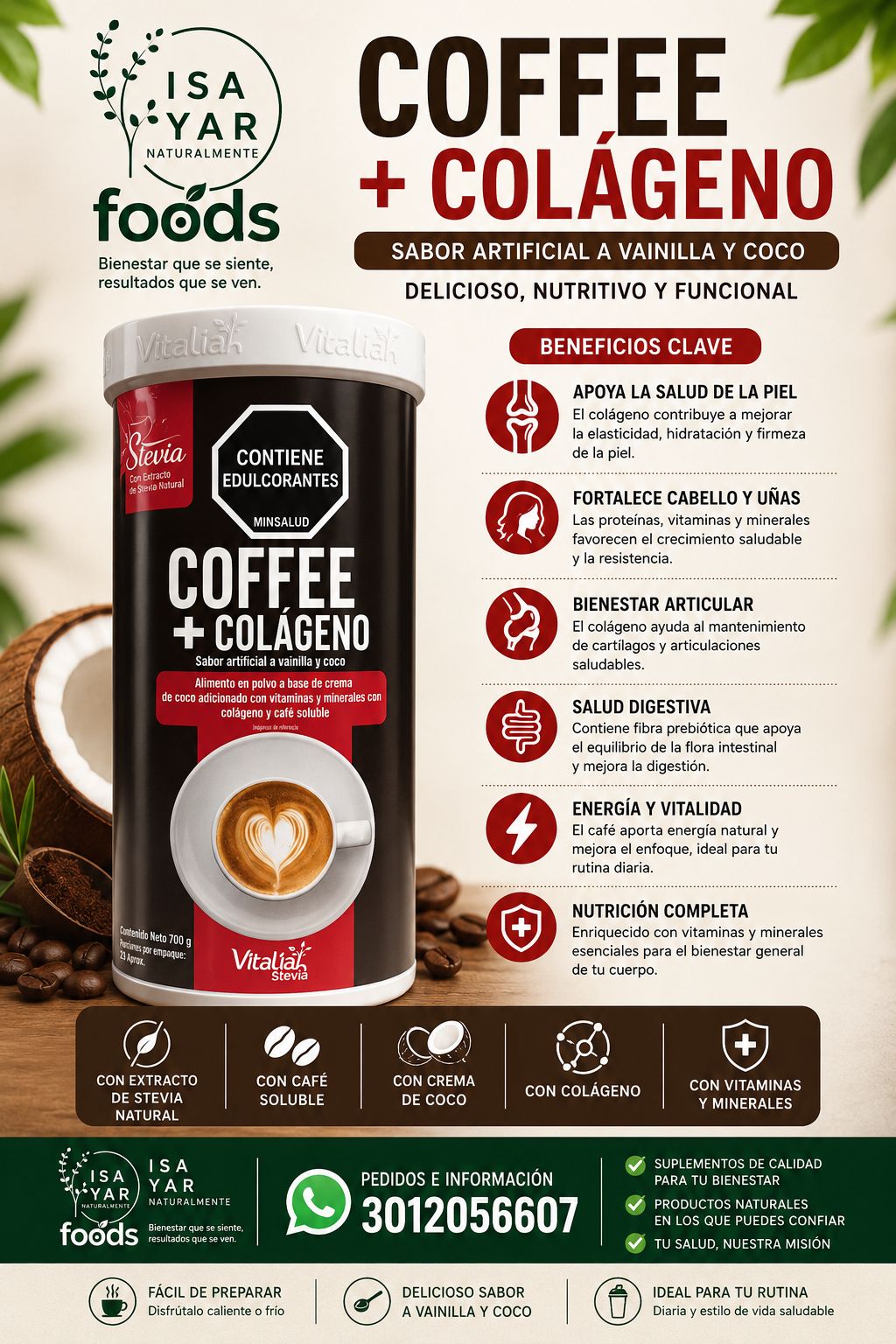 Coffee + Colágeno Vitaliah - Café Funcional con Colágeno Sabor Vainilla y Coco