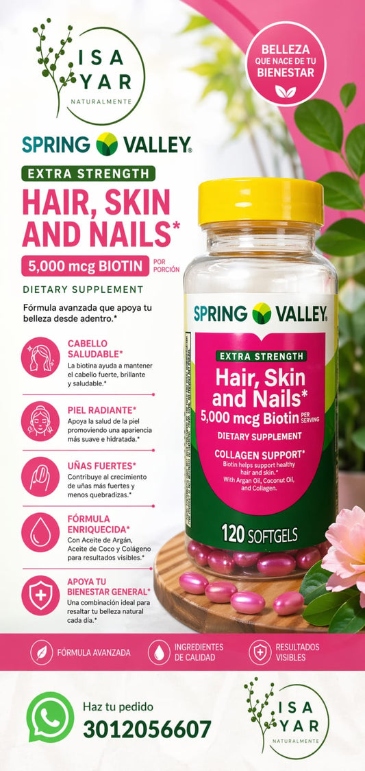 Spring Valley Hair, Skin and Nails Extra Strength Biotina 5000mcg 120 Softgels