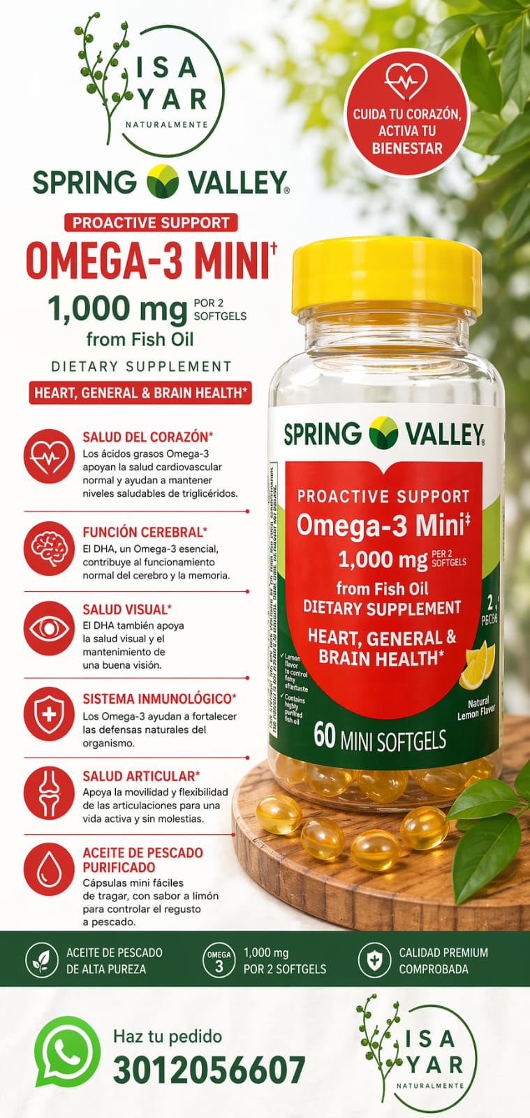 Spring Valley Omega-3 Mini 1,000mg Aceite de Pescado 60 Mini Softgels