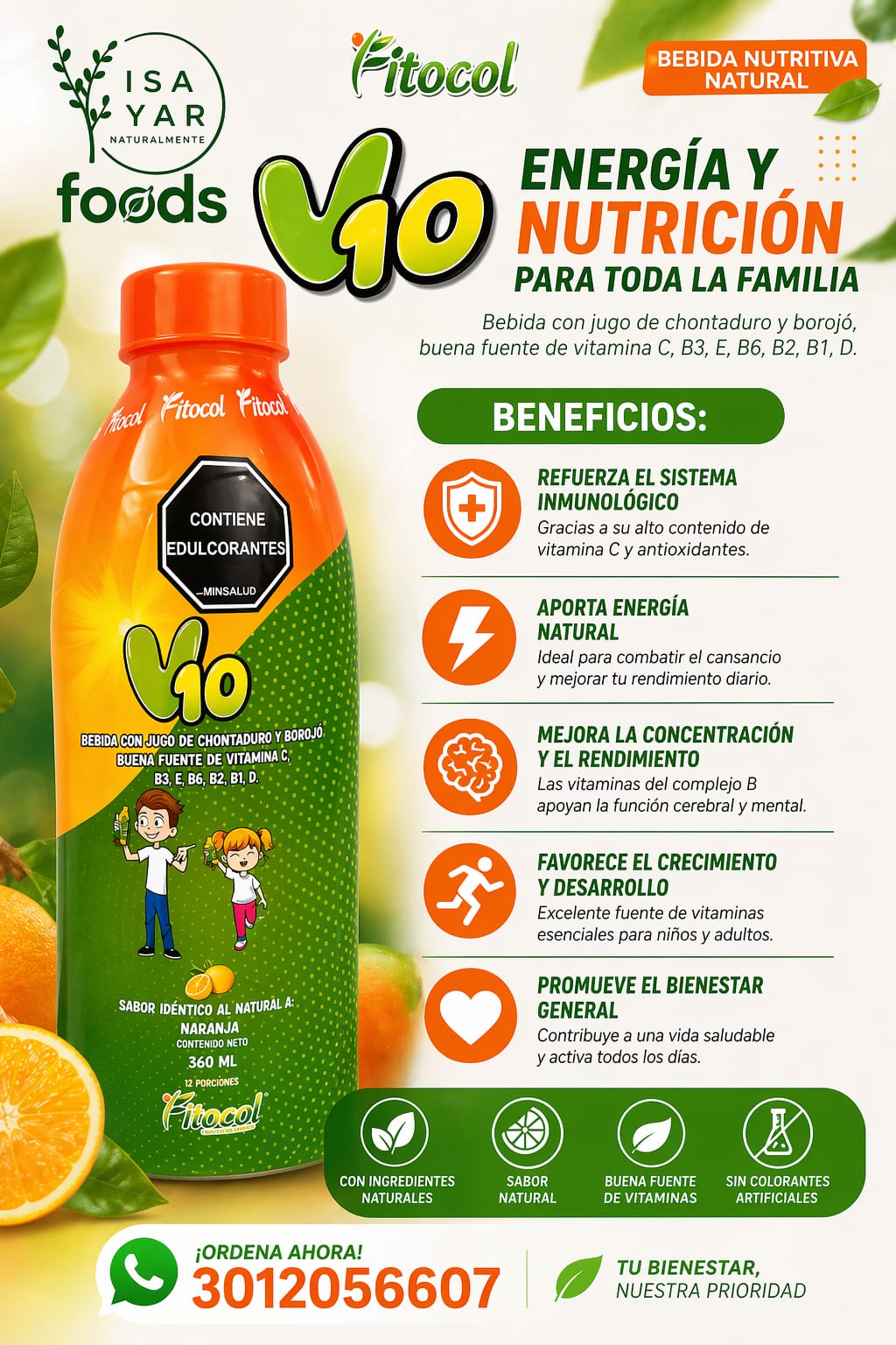 V10 Fitocol Bebida Nutritiva Natural para Niños Sabor Naranja 360ml