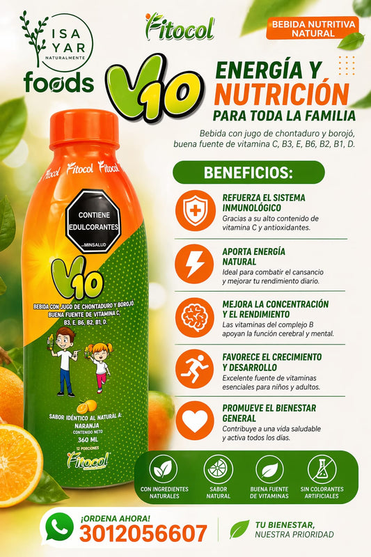 V10 Fitocol Bebida Nutritiva Natural para Niños Sabor Naranja 360ml