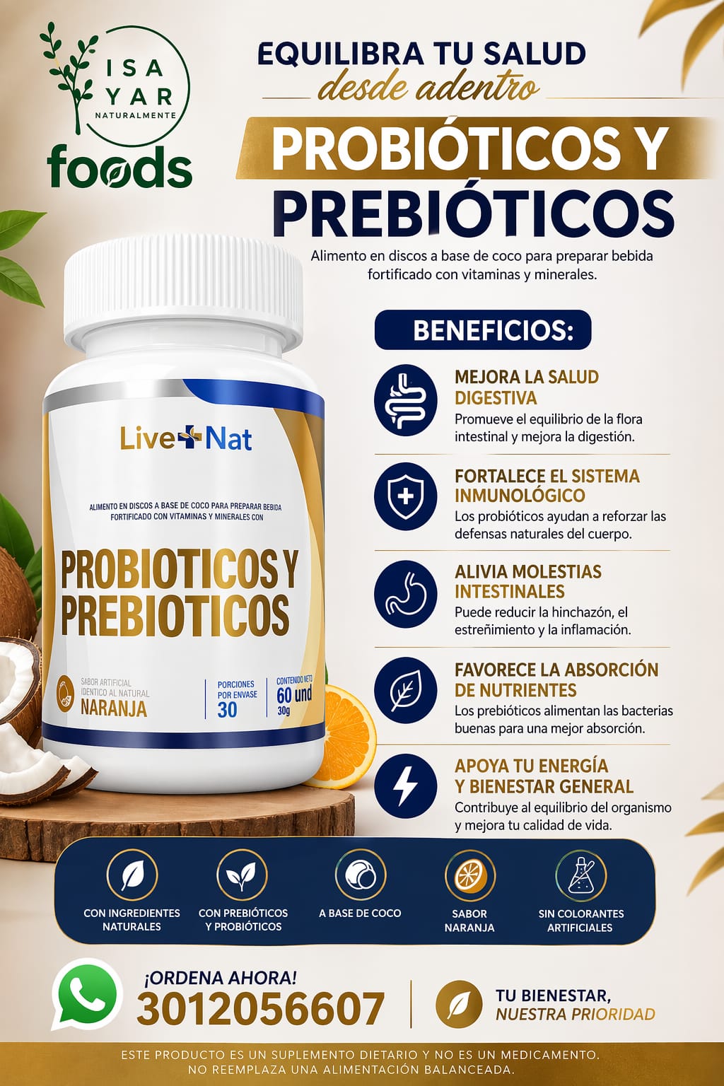 Probióticos y Prebióticos LiveNat Sabor Naranja 60 Unidades