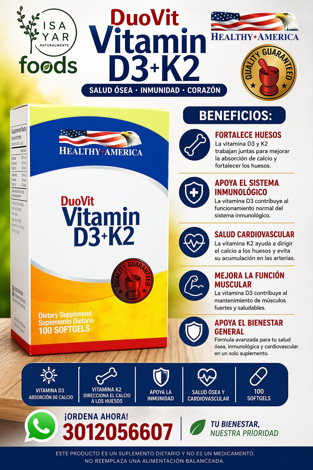 DuoVit Vitamina D3+K2 Healthy America 100 Softgels