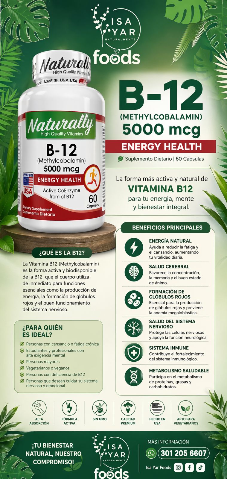Naturally Vitamina B-12 Methylcobalamin 5000mcg Energy Health 60 Cápsulas