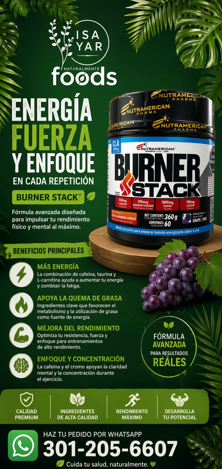 Burner Stack Nutramerican Pharma Termogénico Sabor Uva 360g 60 Porciones