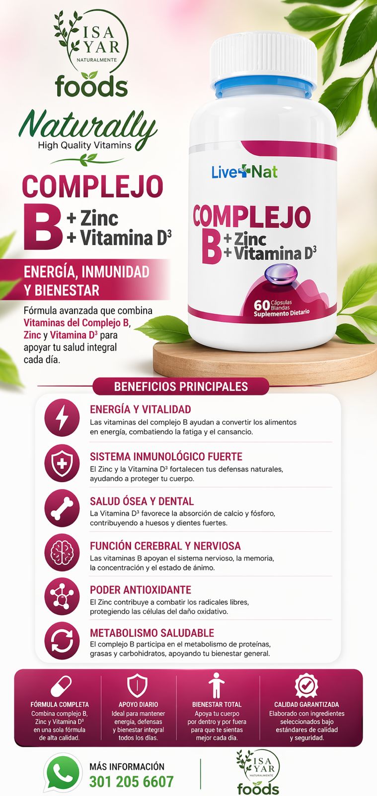 Complejo B + Zinc + Vitamina D³ LiveNat Naturally Energía e Inmunidad 60 Cápsulas