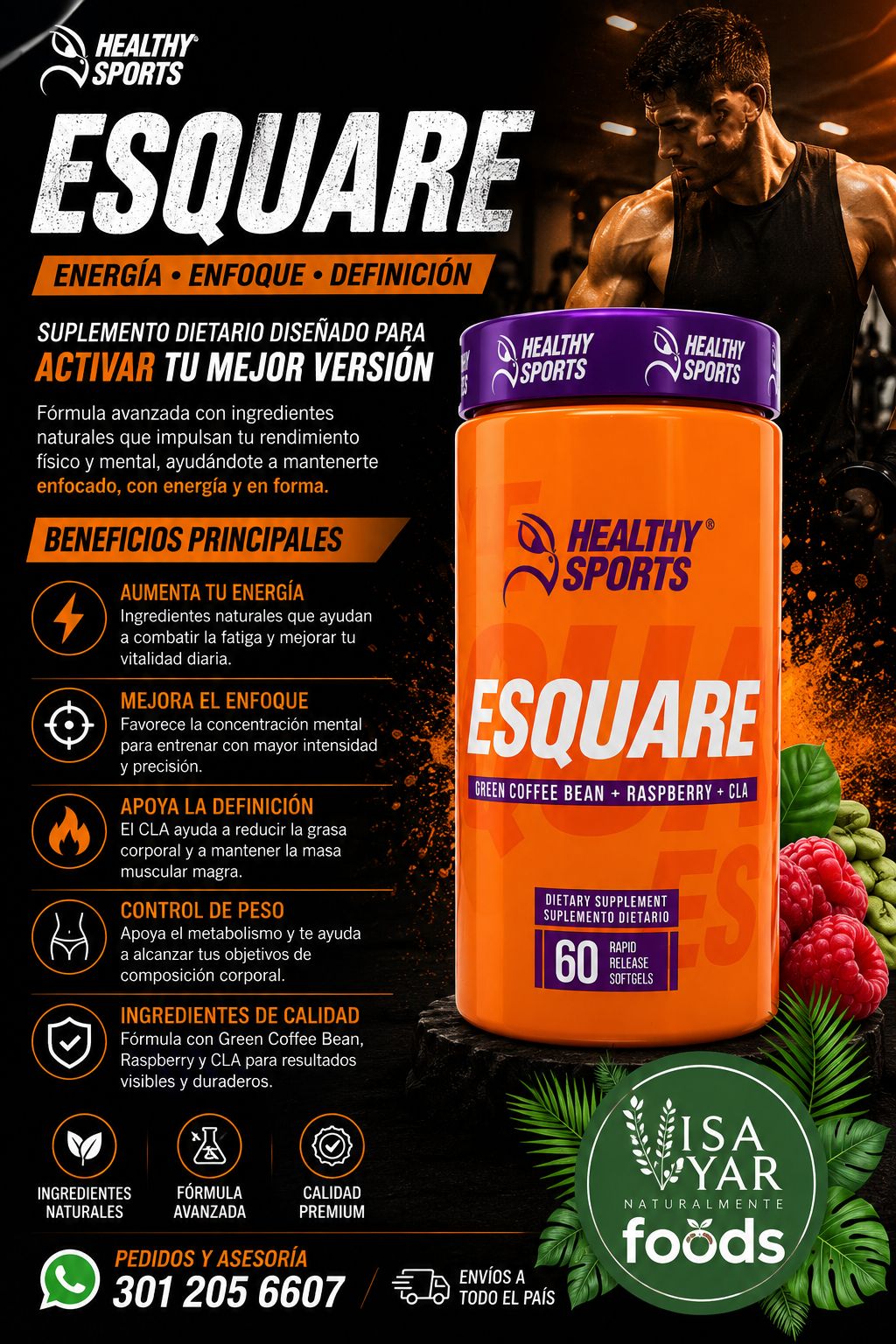 Esquare Healthy Sports Green Coffee Bean + Raspberry + CLA 60 Softgels