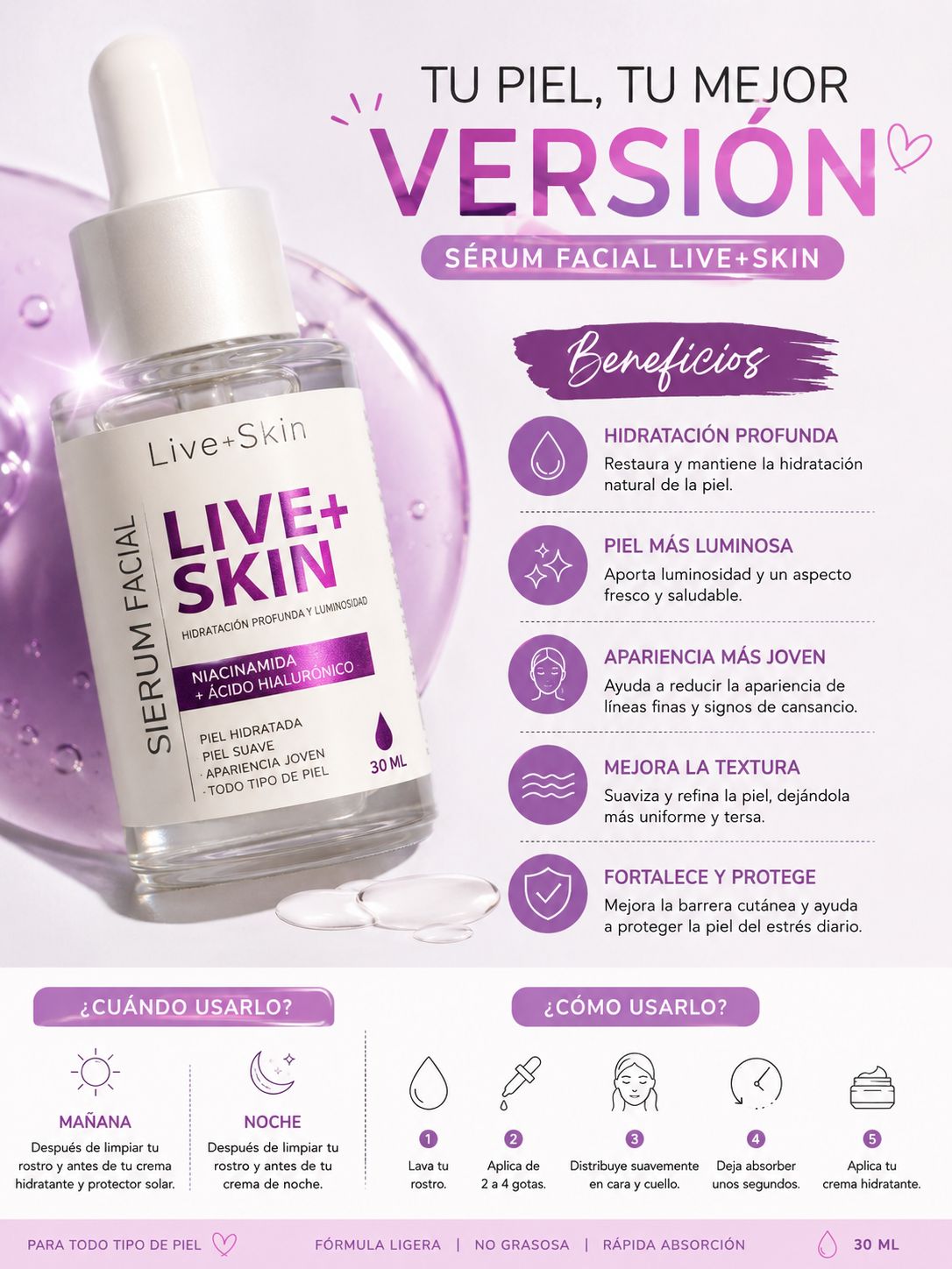 Live+Skin Sérum Facial Niacinamida + Ácido Hialurónico Hidratación Profunda 30ml
