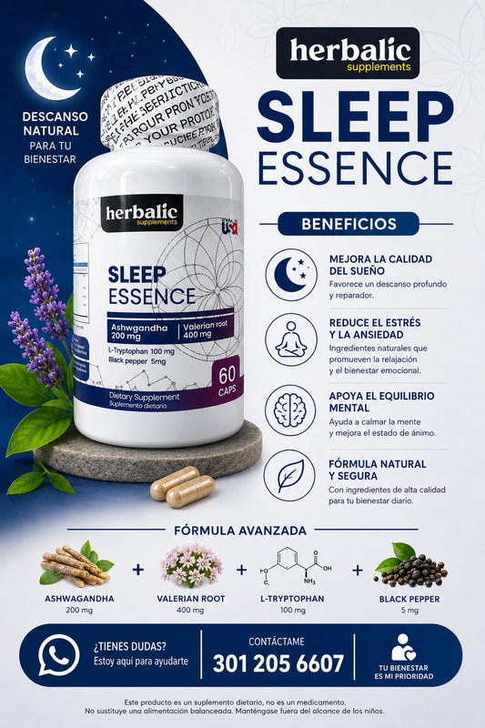 Herbalic Sleep Essence Ashwagandha + Valeriana + L-Tryptophan Descanso Natural 60 Cápsulas