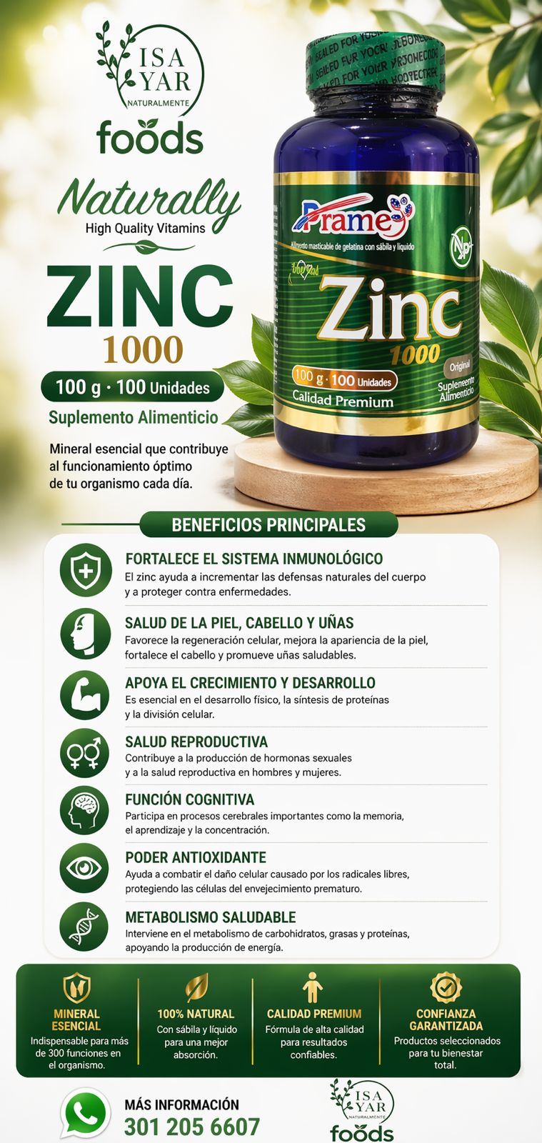 Prame Zinc 1000 Naturally High Quality Vitamins con Sábila y Líquido 100 Unidades